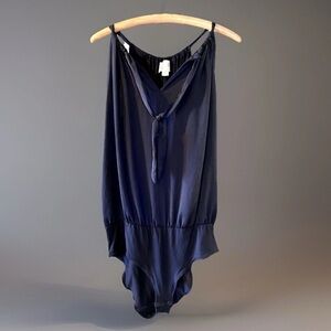 Anthropologie Navy Bodysuit Saturday Sunday NWOT Blouse Sz XL Silky Top Festival